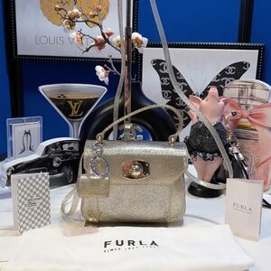 Furla Gold Glitter Candy Bon Bon Mini Purse With Matching Purse Bag Charm - NEW